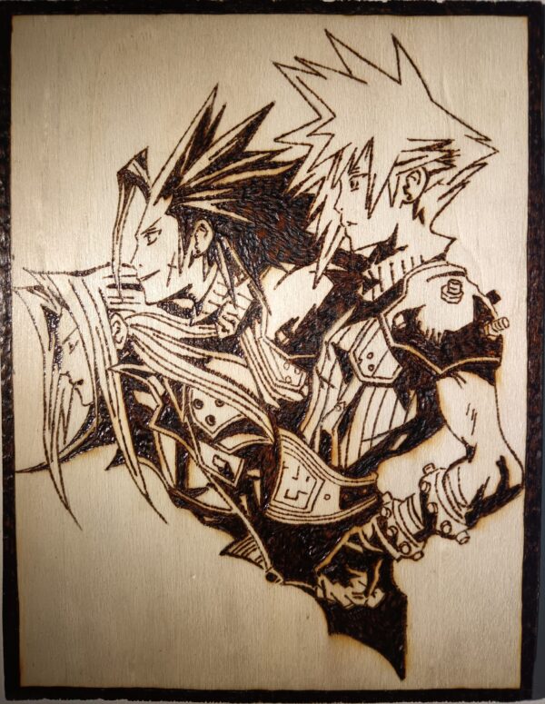Pyrogravure de Sephiroth, Zack et Cloud de FF7 20Lx15l cm